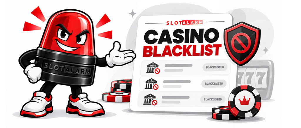 SLOTALARM-Mascot präsentiert die Casino Blacklist mit Warnschild